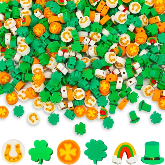 300pcs St. Patrick's Day Polymer Clay Beads Green Shamrock Hat Coins Rainbow Clay Spacer Beads for St. Patrick's Day Jewelry Making DIY Bracelet Necklace Accessories Craft Supplies {1}