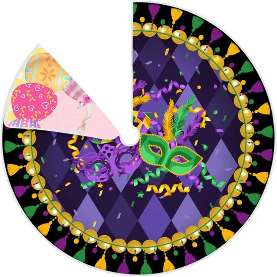 36 Inch Mardi Gras Tree Skirt Carnival Tree Skirt Easter Tree Skirt Double Sided Mat with Masquerade Mask Feather Easter Bunny Eggs Pattern Christmas Tree Skirt for Holiday Decoration (36") {1}