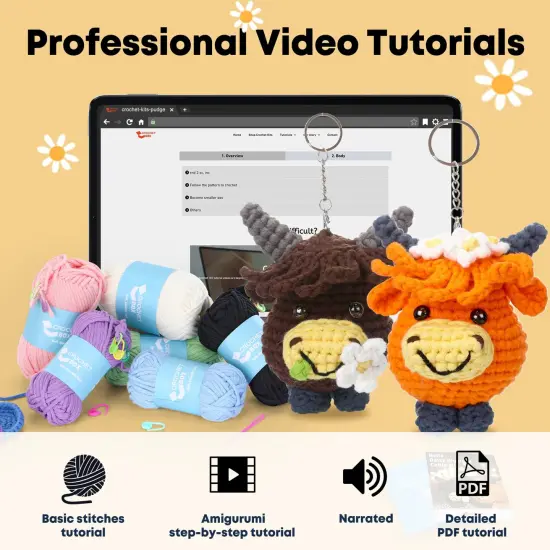 Crochet Kit for Beginners - 2 PCS Highland Cow Keychain Crochet Kit, Learn to Crochet, Include Easy Knitting Yarn, Step-by-Step Video Tutorial, Hook, Holiday Birthday Gift for Adults {1}