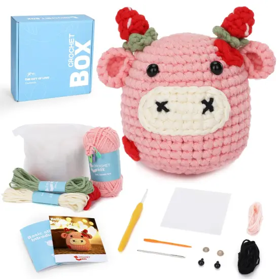 Crochet Kit for Beginners Adults - Cow Starters Crocheting Animal Kits for Kids, DIY Craft Birthday Gift with Crochet Yarns, Hook, Step-by-Step Video, Instruction and Crochet Accessories {1}