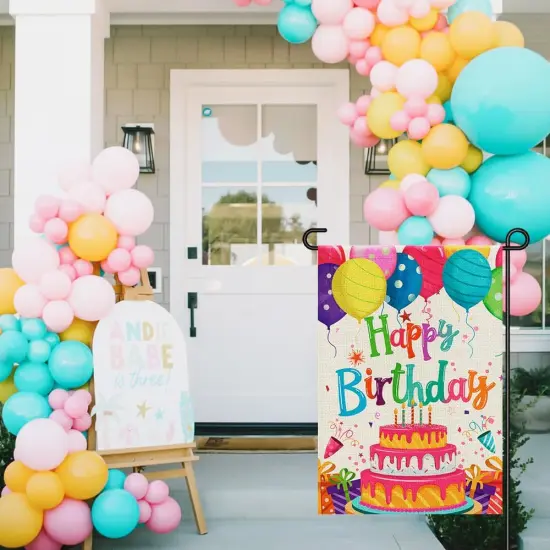 Happy Birthday Garden Flags 12x18 Double Sided Burlap, Colorful Balloon Cake Toppers Personalized Banner Farmhouse Yard Sign Birthday Party Outdoor Decorations {2}