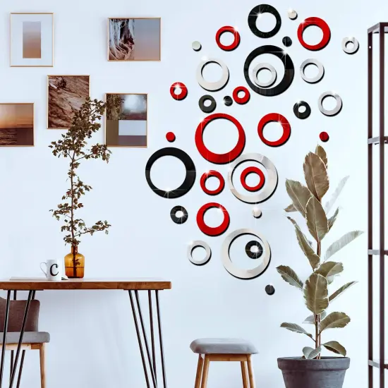 Outus 72 Pieces Wall Stickers Acrylic Circle Mirror Removable Round Dots Mirror Wall Decoration Wall Decals Murals for Home Living Room Bedroom Decor(Silver, Red, Black) {5}