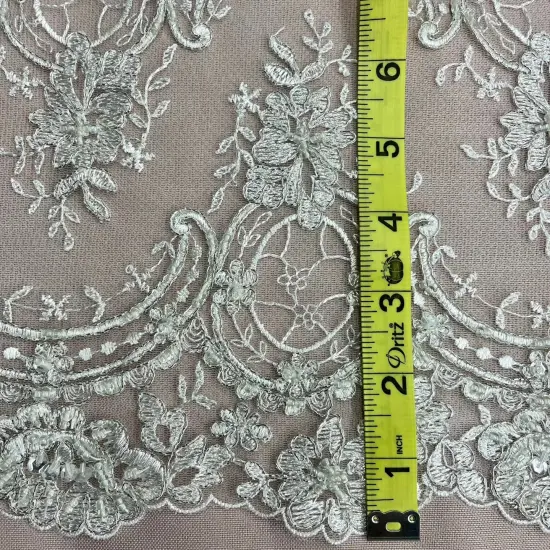1 Yard White Beaded & Corded Bridal Lace Fabric, 51" Wide Embroidered Polyester Mesh Silver {4}