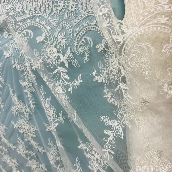 1 Yard Elegant Corded Bridal Lace Fabric Embroidered on 100% Polyester Net Mesh 51 inch Width Ivory {1}