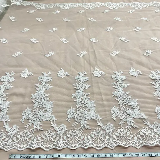 1 Yard Elegant Beaded and Corded Bridal Lace Fabric Embroidered on 100% Polyester Net Mesh 52 inch Width Silver {2}
