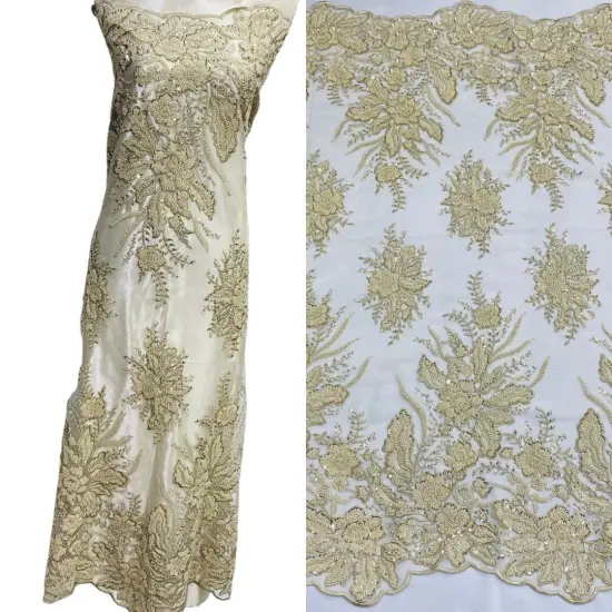 1 Yard Beaded Lace Fabric Embroidered on 100% Polyester Net Mesh, Blush, 48" Width Grey {3}