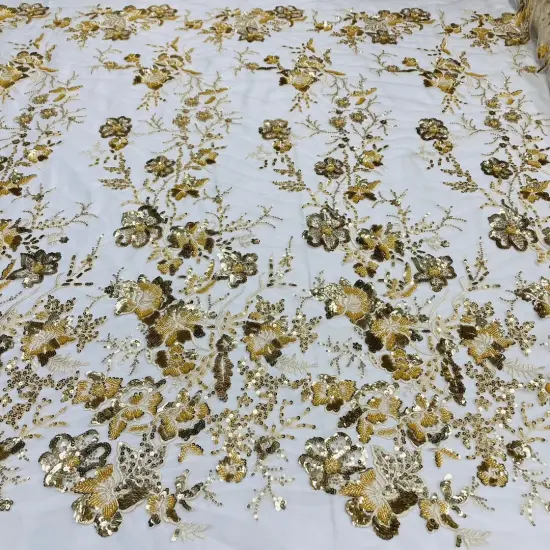 1 Yard Ivory Gold Beaded & Sequined Embroidered Lace Fabric on Polyester Mesh 48" Width Ivory with Gold {1}