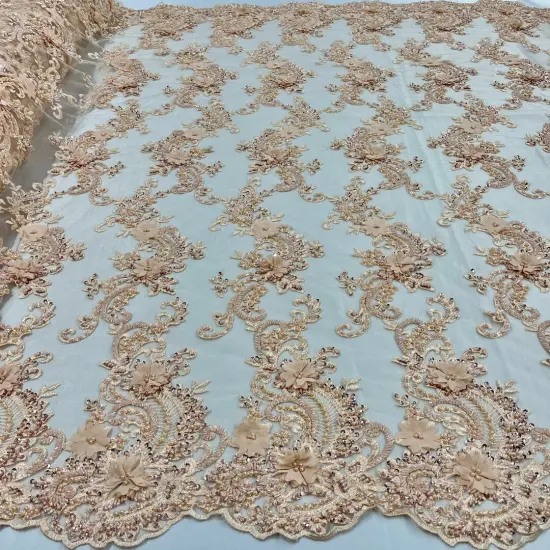 1 Yard Sage 3D Beaded Floral Embroidered Lace Fabric on Polyester Mesh, 52&rdquo; Wide Peach {1}