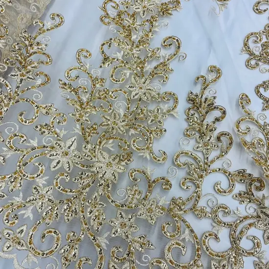 1 Yard Ivory Beaded & Corded Bridal Fabric Lace Embroidered on 100% Polyester Net Mesh, 51" Width, Elegant Wedding Fabric Silver {6}