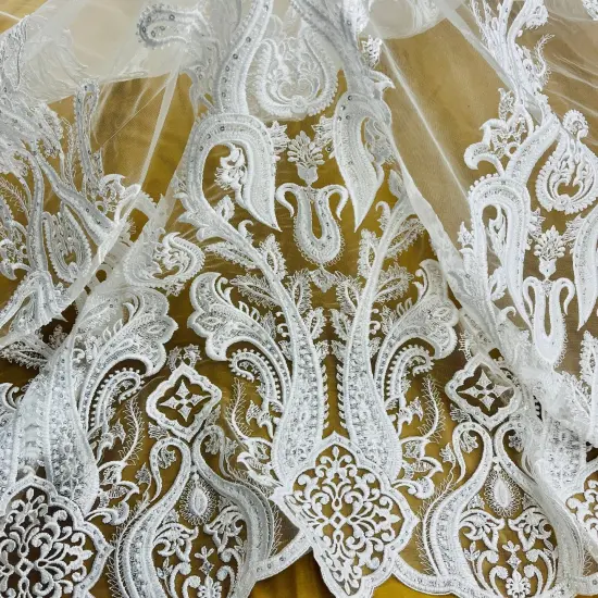 1 Yard Gold Beaded Lace Fabric Embroidered on Polyester Mesh, 50" Wide Decorative Fabrication White {7}