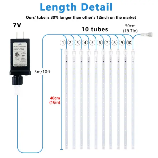 Aluan Christmas Lights Outdoor Meteor Shower Lights White 16 Inch 10 Tubes 360 LED Falling Rain Lights Waterproof Snowfall Dripping Icicle Lights for Xmas Tree Holiday Decoration Yard Porch Patio {5}