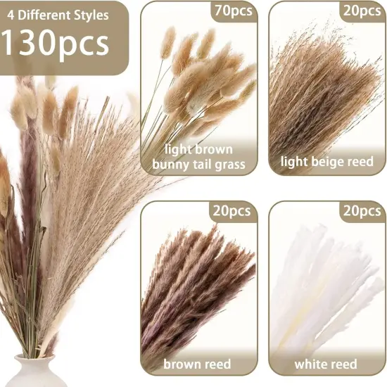 130PCS Dried Pampas Grass, 18" Bouquet Contains White Natural Bunny Tail Grass, Boho Bouquet Decor for Home Table Vase Rustic Farmhouse Decor, Wedding Decorations {2}