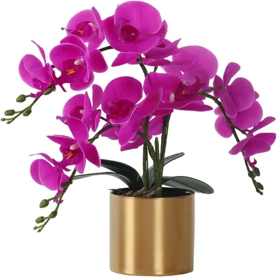 Artificial Orchid Flower with Vase, White Orchid Bonsai Faux Orchid Phalaenopsis Plant Pot Arrangements for Home Decoration (Purple,Gold Vase) {1}
