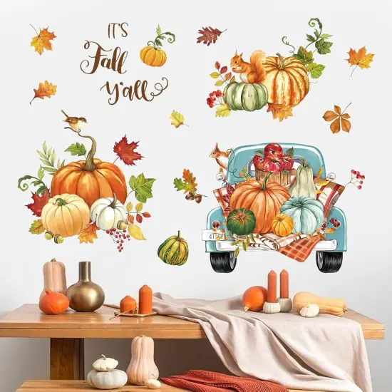 Fall Thanksgiving Pumpkin Wall Stickers Autumn Leaves Truck Peel {1}