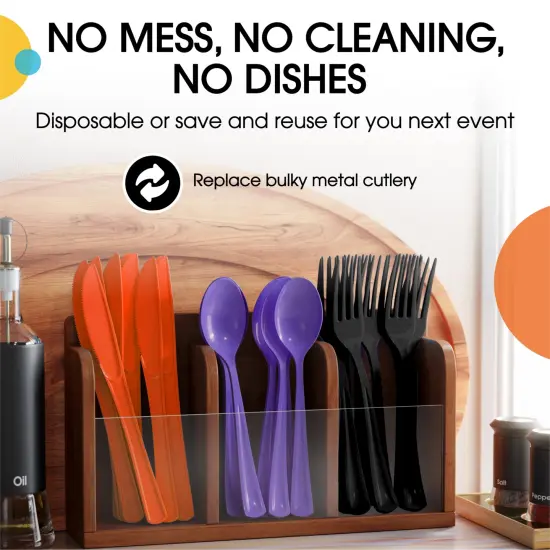 Exquisite Polished Plastic Silverware &ndash; 150 Pcs Heavy Duty Cutlery Set &ndash; 50 Each of Forks, Knives & Spoons &ndash; Disposable Utensil Set for Parties, Events & Catering &ndash; Flatware Set by Party Solids Halloween {5}