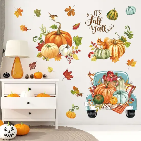Fall Thanksgiving Pumpkin Wall Stickers Autumn Leaves Truck Peel {2}