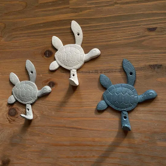 Cast Iron Sea Turtle Wall Hook Set – Blue, Gray, White, Indoor/Outdoor Use {6}