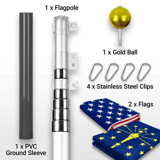G128 Combo Pack: 20 Ft Telescoping Aluminum Flagpole (Silver) & American and Indiana Flags 3x5 Ft, Both ToughWeave Series Embroidered Polyester | Pole with Flags Included {2}