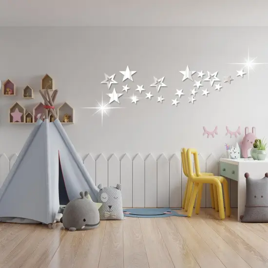 26pcs Stars Acrylic Mirror Wall Stickers 4Sizes Stars Stickers with Adhesive Art Decal 3D Wall Decorations for Baby Kids Bedroom Home DIY Decor (Silver Stars) {5}