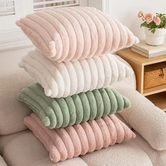 Double-Sided Faux Fur Plush Throw Pillow Covers 18x18 Set of 2 Fuzzy Striped Soft Cozy Pillowcase Luxury Decorative Pillows Square Shaggy Cushion Covers for Couch Sofa Bed,Cream White {4}
