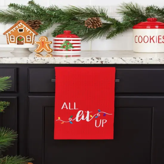 27" x 18" "All Lit Up" Sentiment Red Cotton Christmas Waffle Weave Kitchen Dish Towel Decor Decoration {3}