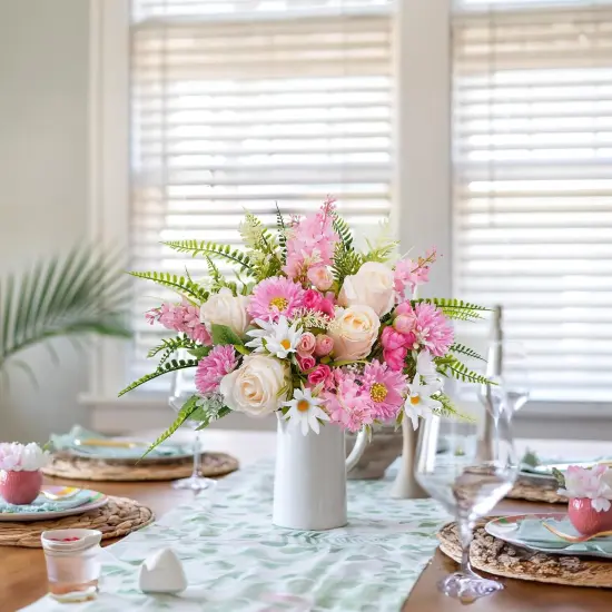 Artificial Flowers Fake Roses Flower Bouquet 13Pcs Silk Flowers with Gerbera Daisy Spring Florals Arrangements for Spring Table Centerpiece Home Wedding Farmhouse Decor（14.96"，Pink） {4}