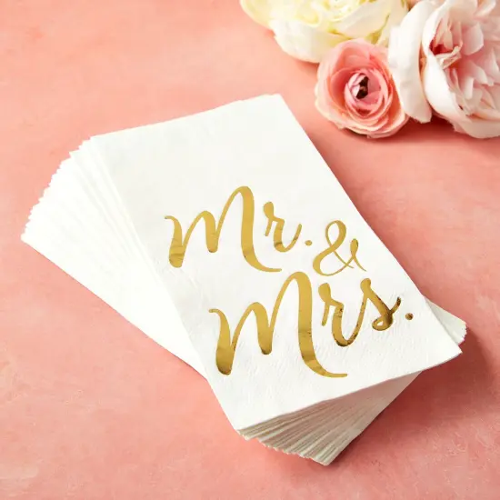 50-Pack Mr and Mrs Napkins, Disposable Wedding Dinner Napkins for Reception, Rehearsal Dinner, Bridal Shower, Engagement Party (Gold Foil and White, 3-Ply, 4x8 in) {4}