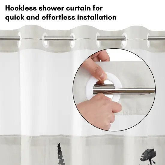 Americanflat 72x75 Hookless Shower Curtain - Floral Cream and Red Shower Curtain with Sheer Panel, Snap-In Liner, and Grommets - 100% Polyester {3}