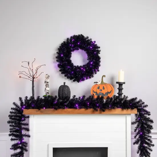 Northlight Pre-Lit Black Crystal Pine Artificial Halloween Garland - 9' x 12" - LED Purple {5}