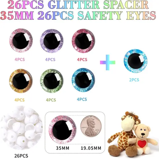 52pcs 35mm 3D Glitter Plastic Safety Eyes for Amigurumi with Washers (7 Colors) {2}