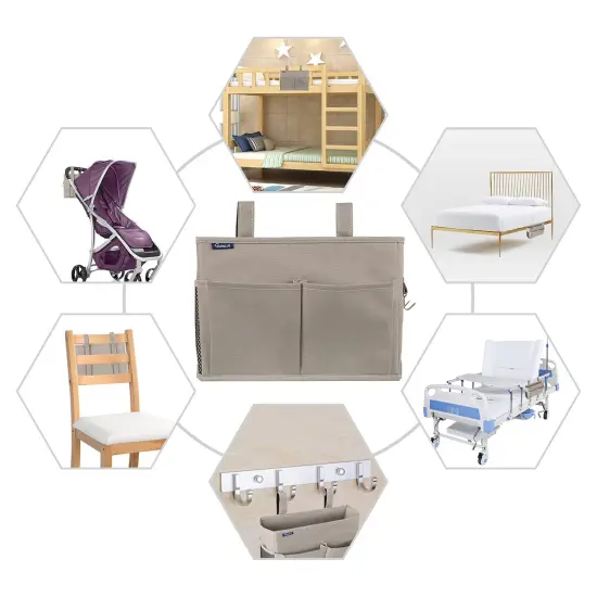 Surblue Bedside Caddy Hanging Bed Organizer Storage Bag Pocket for Bunk and Hospital Beds, College Dorm Rooms Baby Bed Rails,Camp 4 Pockets and 2 Hooks (Gray) {2}