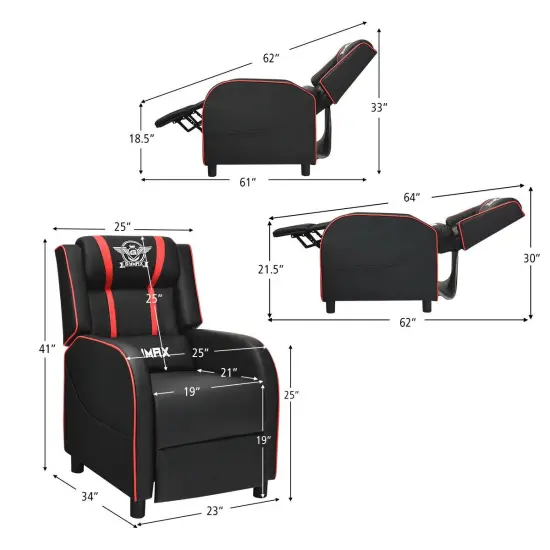 Massage Racing Gaming Single Recliner Chair with Adjustable Backrest and Footrest Red {5}