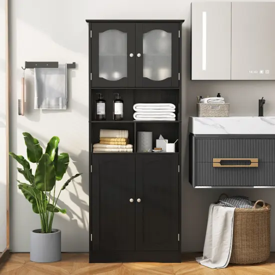 58.5 Inch Freestanding Linen Bathroom Storage Cabinet with Frost Glass Doors Black {2}
