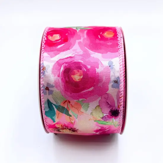 Designer's Shop WR 63-5199 Spring Summer Pink-Red Wild Rose floral and green leaf on white satin wired edge ribbons, 2.5" x 10 yards {2}