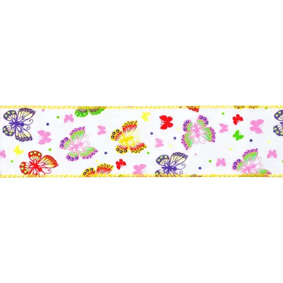 Designer's Shop WR 63-5202 Spring Summer Multi-colored butterflies on white burlap wired edge ribbons, 2.5" x 10 yards {5}