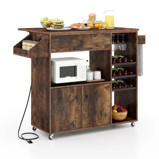 Kitchen Drop Leaf Island Cart with Power Outlets and Wine Rack Storage Shelves Locking Wheels Rustic Brown {4}
