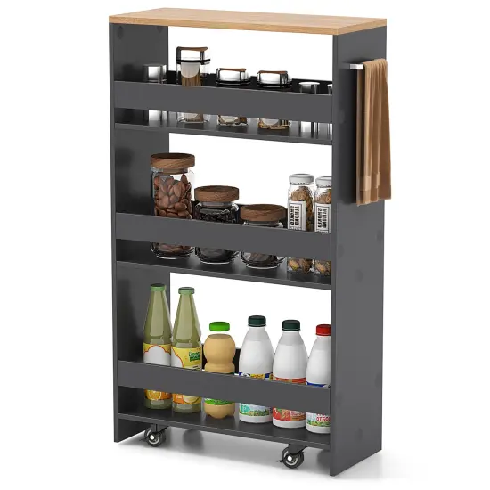4-Tier Rolling Storage Cart Slim Kitchen Cart on Wheels with Open Shelves and Handle Grey {4}