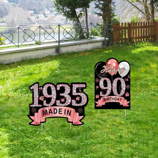 2Pcs Rose Gold 90th Birthday Yard Sign Decoration for Women, Happy 90th Birthday Made in 1935 Lawn Sign Party Supplies, Ninety Year Old Yard Decor Stakes {5}