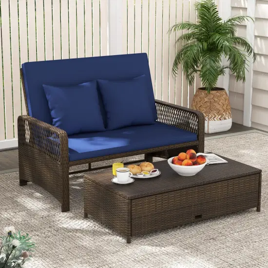 Patio Loveseat and Ottoman Set with 4-level Adjustable Backrest and Storage Area Navy {6}