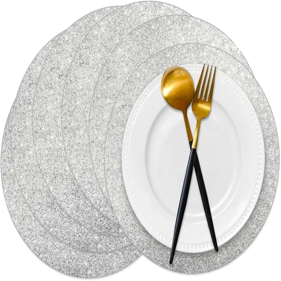50 Pieces Silver Glitter Paper Place Mats Sparkle Round Disposable Table Mats Silver Sequin Doilies Decorative Placemats for Wedding Banquet Party Home Dining Tableware {1}