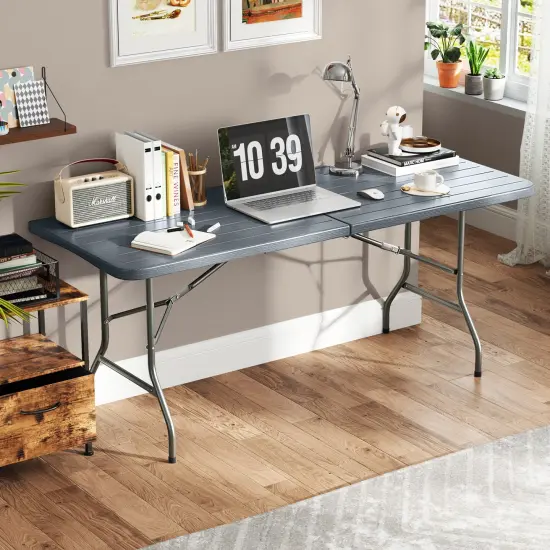 6 Feet Wood Grain HDPE Folding Table with Safety Lock and Metal Legs Perfect for Outdoor Use Grey {3}