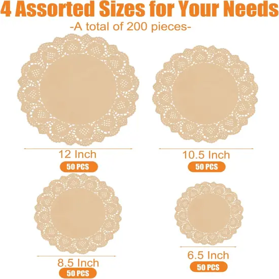 200 Pack Round Brown Lace Paper Doilies Disposable Decorative Paper Placemats Assorted Size 6.5, 8.5, 10.5, 12 inch Table Paper Pad Mats for Buffet Cake Food Party Wedding Tableware Decoration {2}