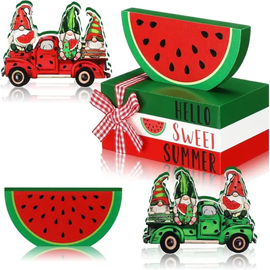 5 Pc Summer Tiered Tray set Lemon Sunflower Beach Books Stack with Twine Summer Wood Decor Lemon Sunflower Starfish Beach Gnome Sign {1}