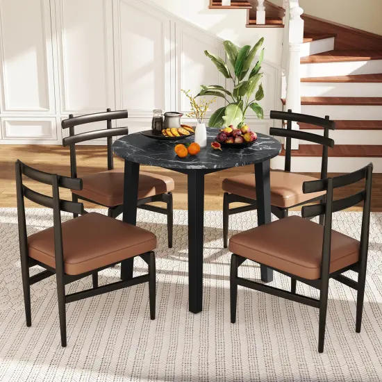 Rubber Wood Round Dining Table with Marble Top, Safe Corners and Easy Assembly Black {2}
