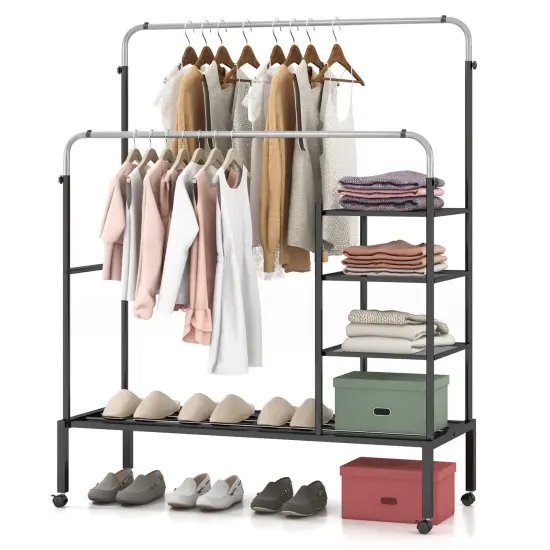 Adjustable Double Rod Clothes Drying Rack with 3-Tier Mesh Shelf Heavy Duty Steel Frame Silver {4}