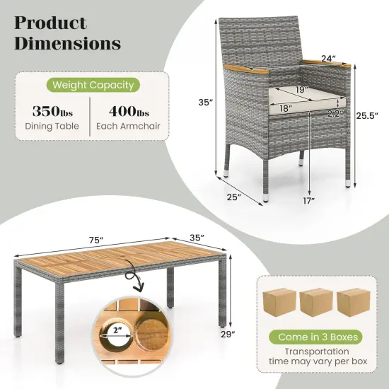 9 Pieces Patio Wicker Dining Set Including Ergonomic Armchairs with Cushions and Metal Frame White {5}
