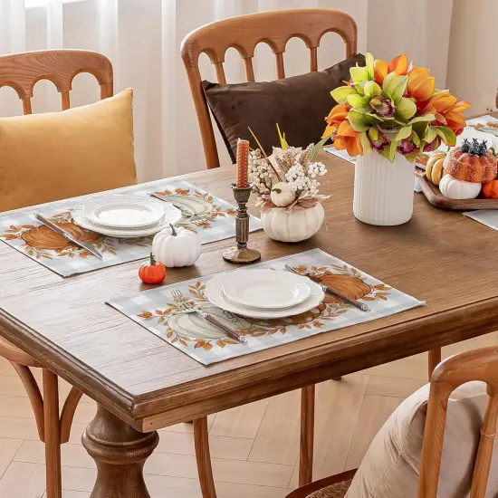 Set of 4 Pumpkin Grey and Blue Buffalo Plaid Placemats - 12 X 18 Inch {3}