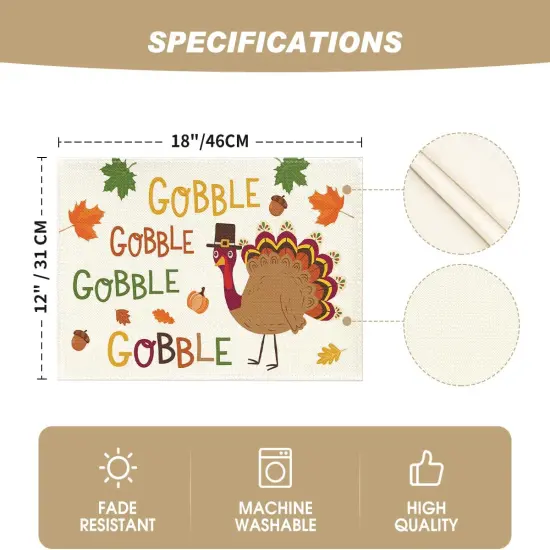 Set of 6 Turkey Gobble Thanksgiving Placemats - 12x18 Inch (Beige) {5}