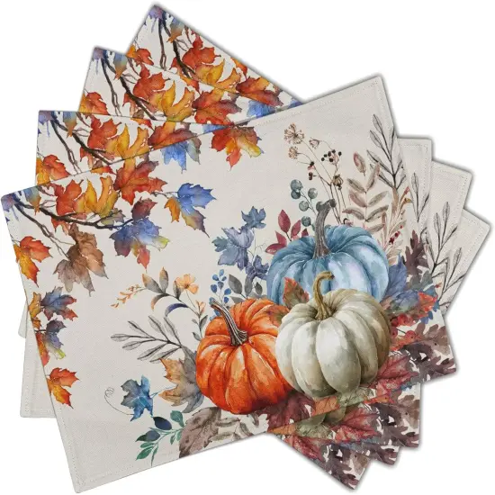 Set of 4 Blue and Orange Pumpkin Fall Placemats - 12 x 18 Inch {2}