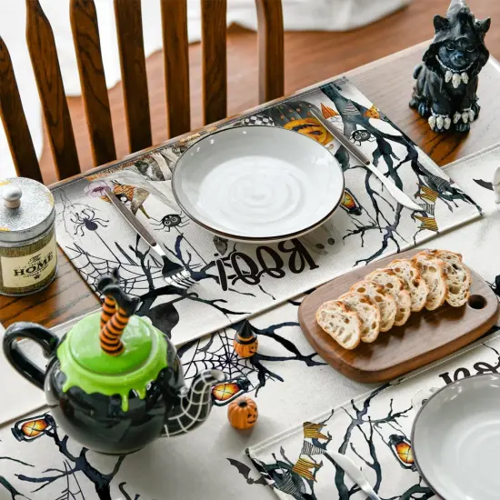 Set of 4 Ghost Pumpkins Halloween Placemats - 12x18 Inch (Black/Beige) {3}